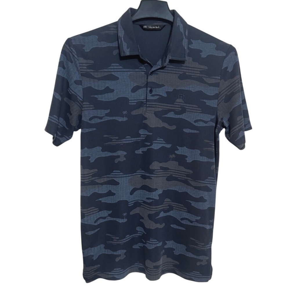 Travis Mathew Polo Men's Med Golf Activewear‎ Blue Black Camouflage Palm Trees